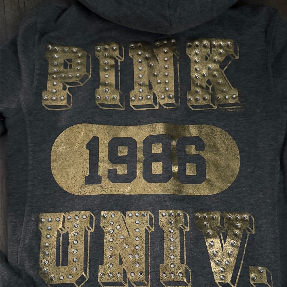 PINK Victoria's Secret Charcoal Hoodie with Gold Dog Emblem barely worn